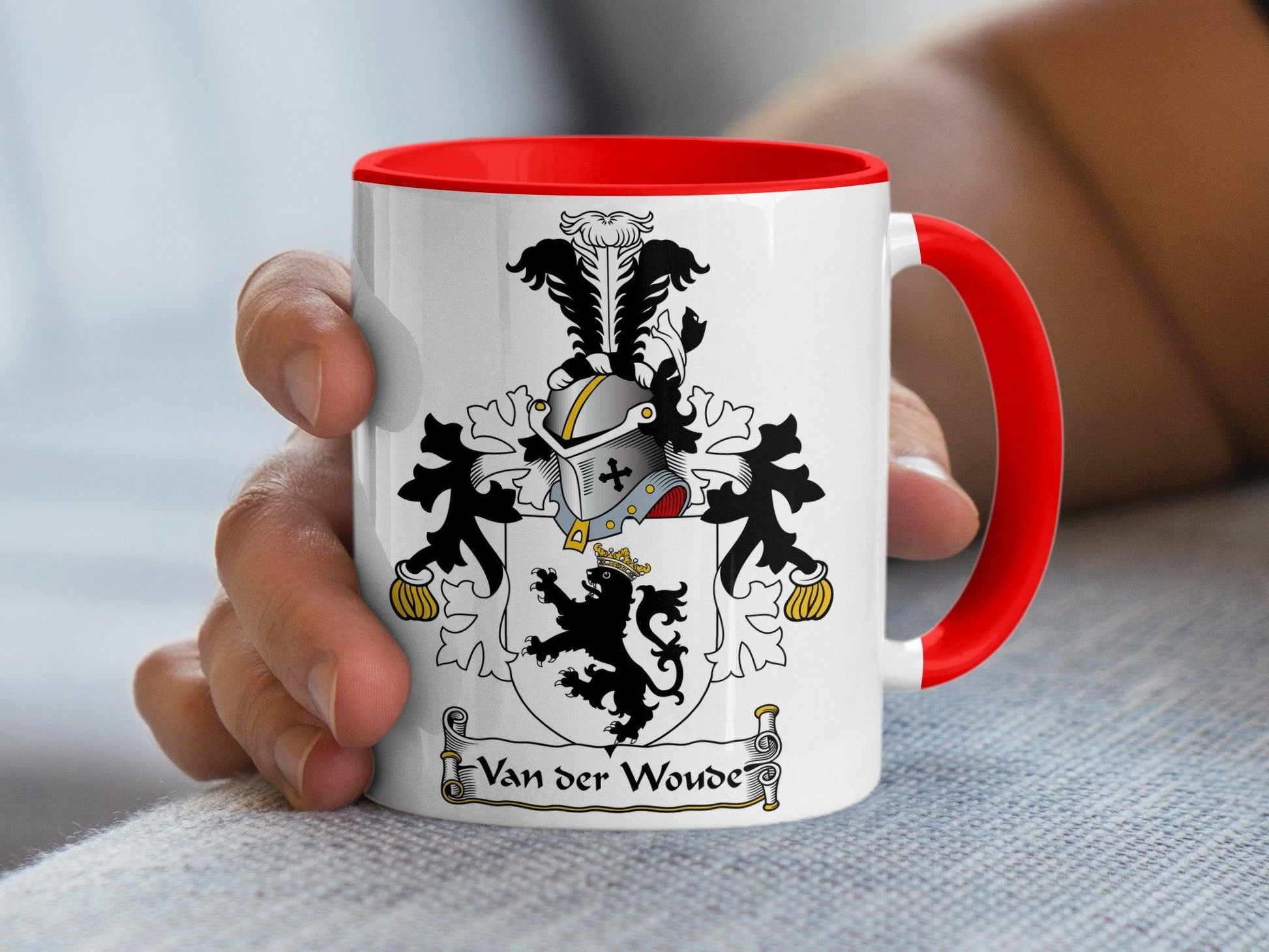 Custom Van der Woord Crest Mug, Elegant Family Heraldry Coffee Cup