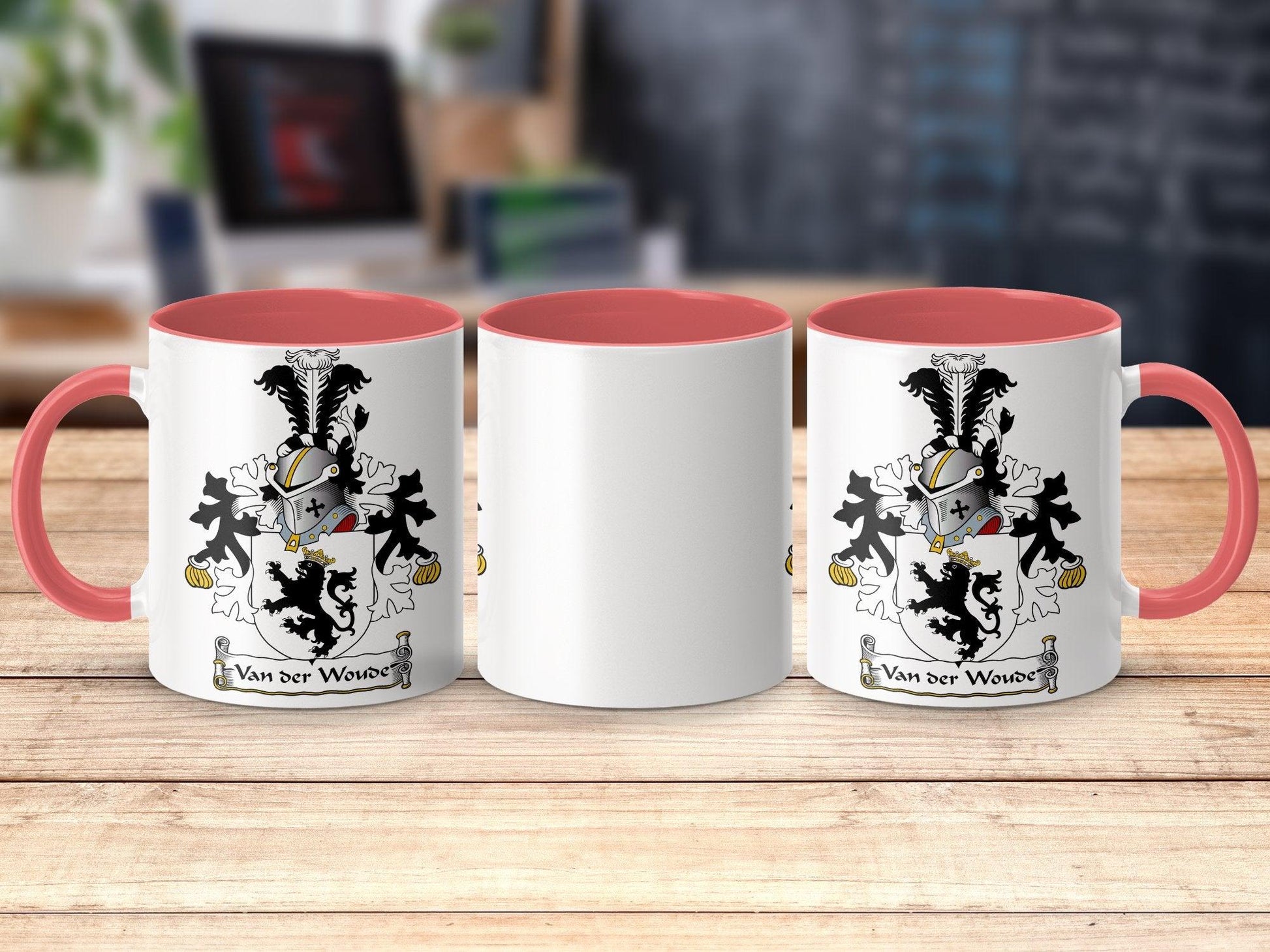Custom Van der Woord Crest Mug, Elegant Family Heraldry Coffee Cup