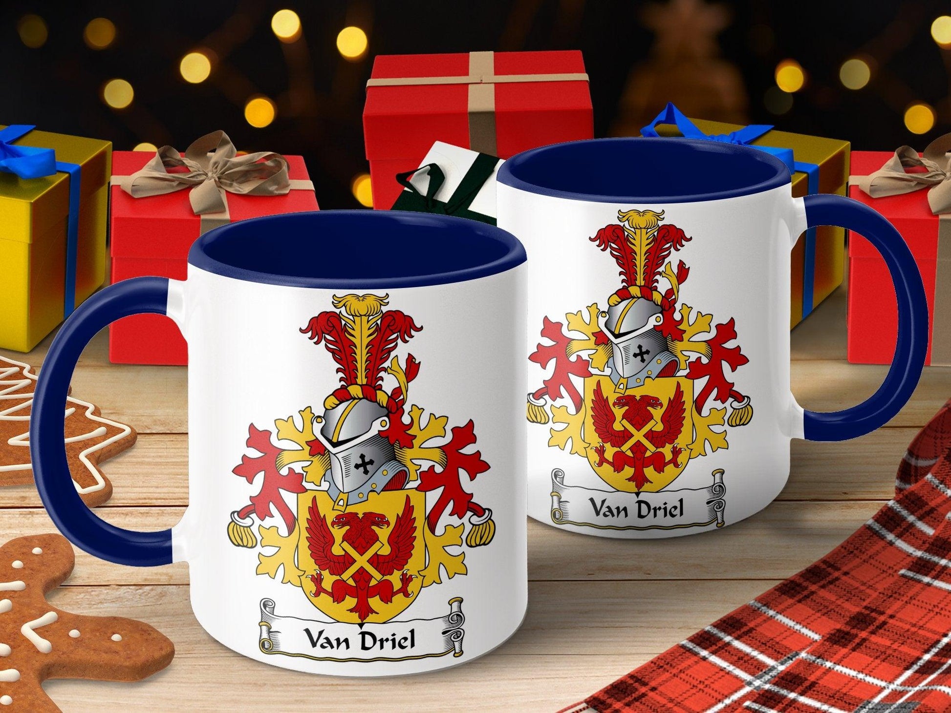 Custom Van Driel Family Crest Mug, Heraldic Lion Shield Coffee Cup