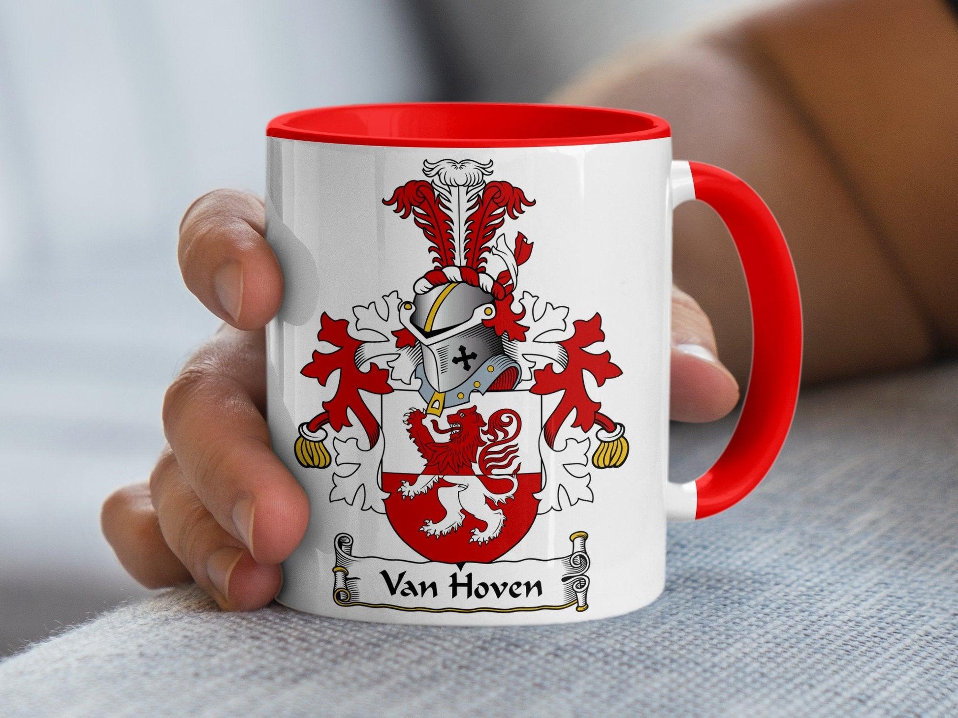 Custom Van Hoven Family Crest Mug, Dutch Heritage Coffee Cup