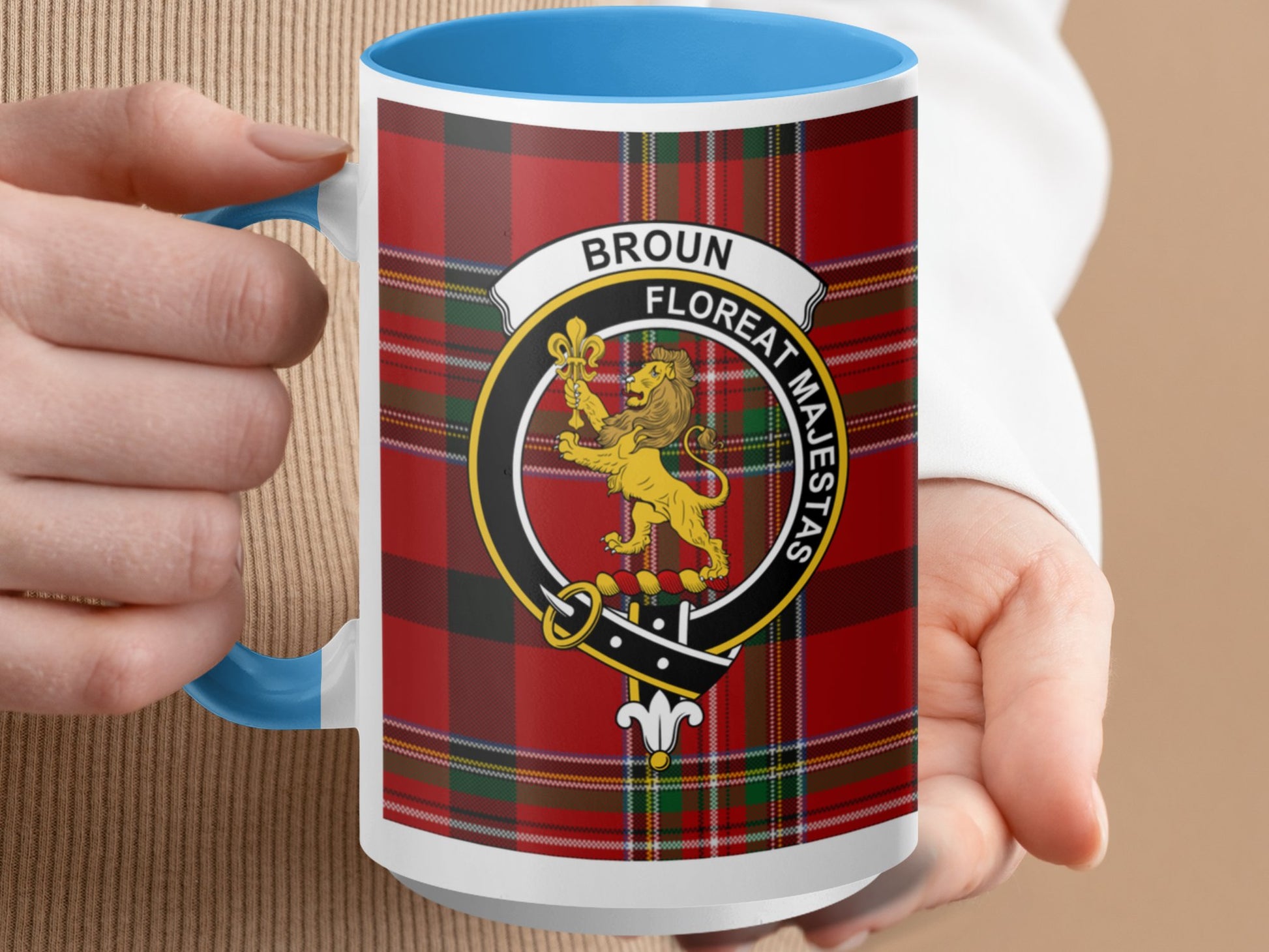 Scottish Clan Broun Crest and Tartan Design Mug - Living Stone Gifts