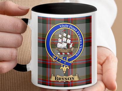 Bryson Family Crest Plaid Background Personalized Mug - Living Stone Gifts