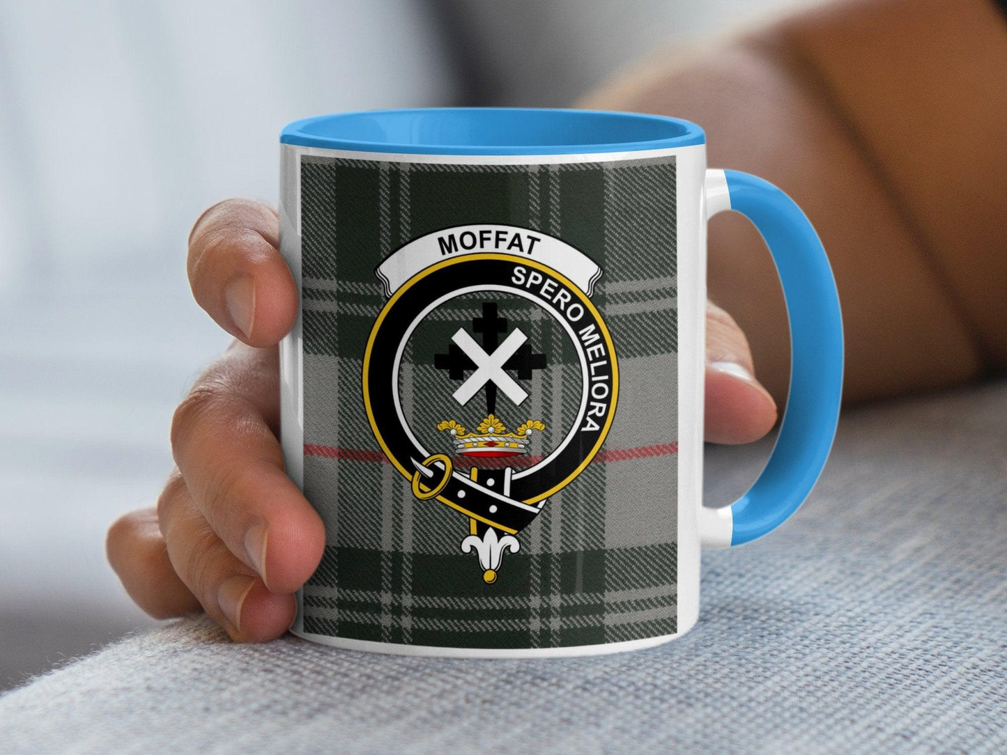 Moffat Clan Crest Spero Meliora Plaid Pattern Mug - Living Stone Gifts