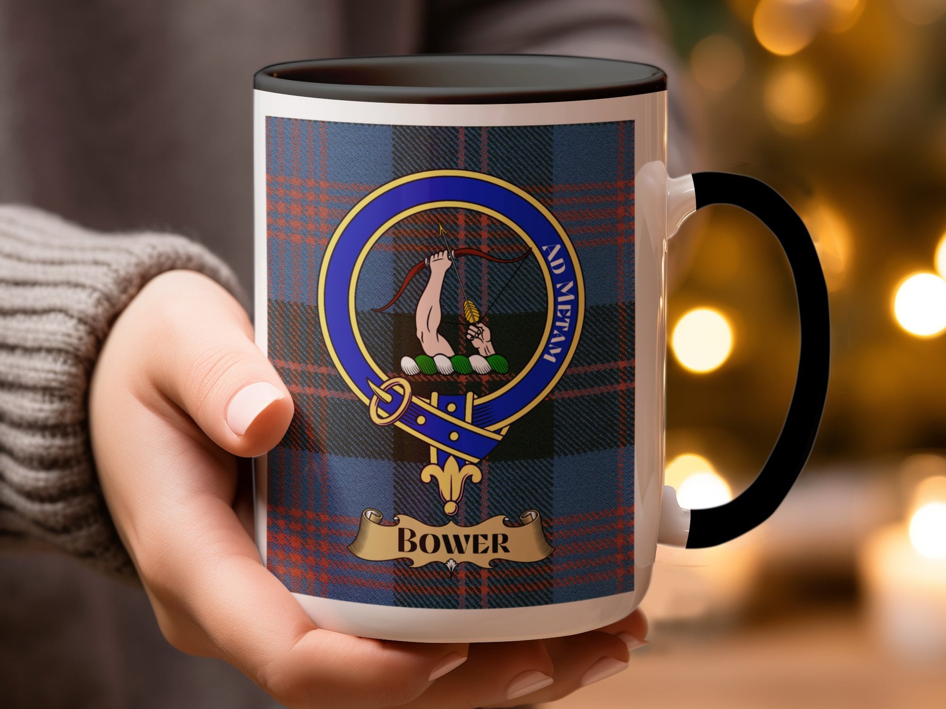 Bower Clan Coat Of Arms Design Blue Plaid Pattern Mug - Living Stone Gifts