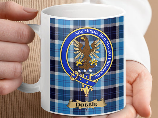 Clan Dobbie Scottish Tartan Crest Blue Plaid Mug - Living Stone Gifts