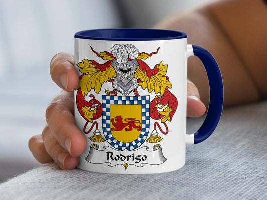 Heraldic Crest Mug, Rodrigo Family Name, Custom Shield Coffee Cup, Unique Gift Idea