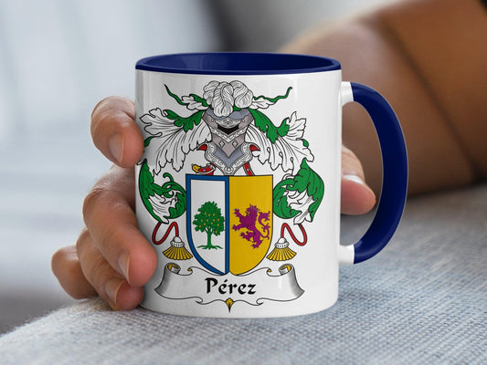 Heraldic Lion and Tree Pérez Family Crest Coffee Mug, Customizable Spanish Surname Gift