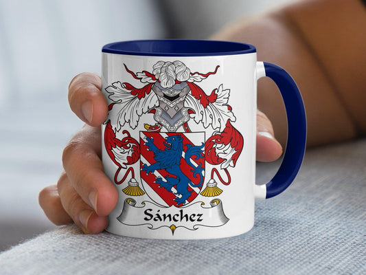 Heraldic Lion Crest Sanchez Family Name Coffee Mug, Unique Coat of Arms