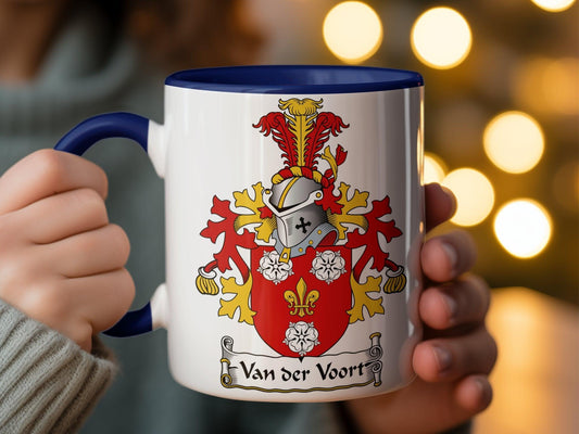 Heraldic Lion Crest Van der Voort Mug, Dutch Heritage Coffee Cup, Unique Gift Idea