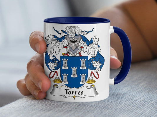 Heraldic Shield Coffee Mug, Torres Family Crest, Blue and White Ceramic Cup, Custom Ancestry Drinkware, Unique Heritage Gift