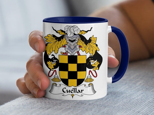 Heraldic Shield Mug, Cuellar Family Crest, Black and Yellow