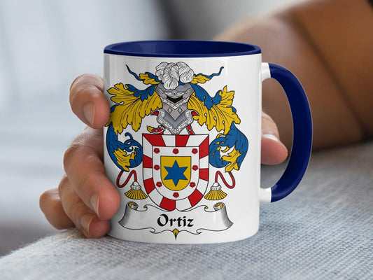 Personalized Ortiz Family Crest Coffee Mug, Heraldic Lion and Shield Design, Unique Heritage Gift