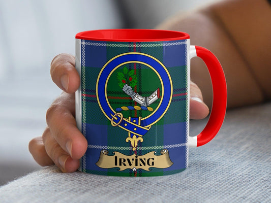 Scottish Clan Irving Crest Mug, Tartan Background Coffee Cup, Ancestral Heritage Drinkware, Unique Gift Idea