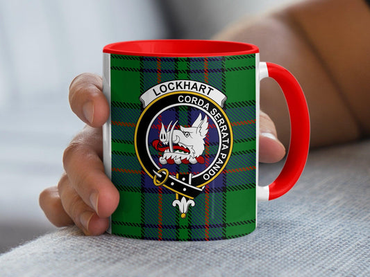 Scottish Clan Lockhart Crest Mug, Custom Heraldic Drinkware, Tartan Pattern Coffee Cup