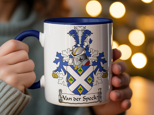 Van der Speck Family Crest Mug, Heraldic Emblem Ceramic Coffee Cup
