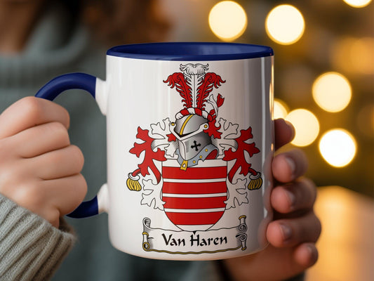 Van Haren Family Crest Red and Silver Mug, Unique Heraldic Drinkware