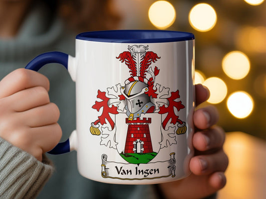 Van Ijsen Family Crest Mug, Heraldic Red Castle Coat of Arms Cup